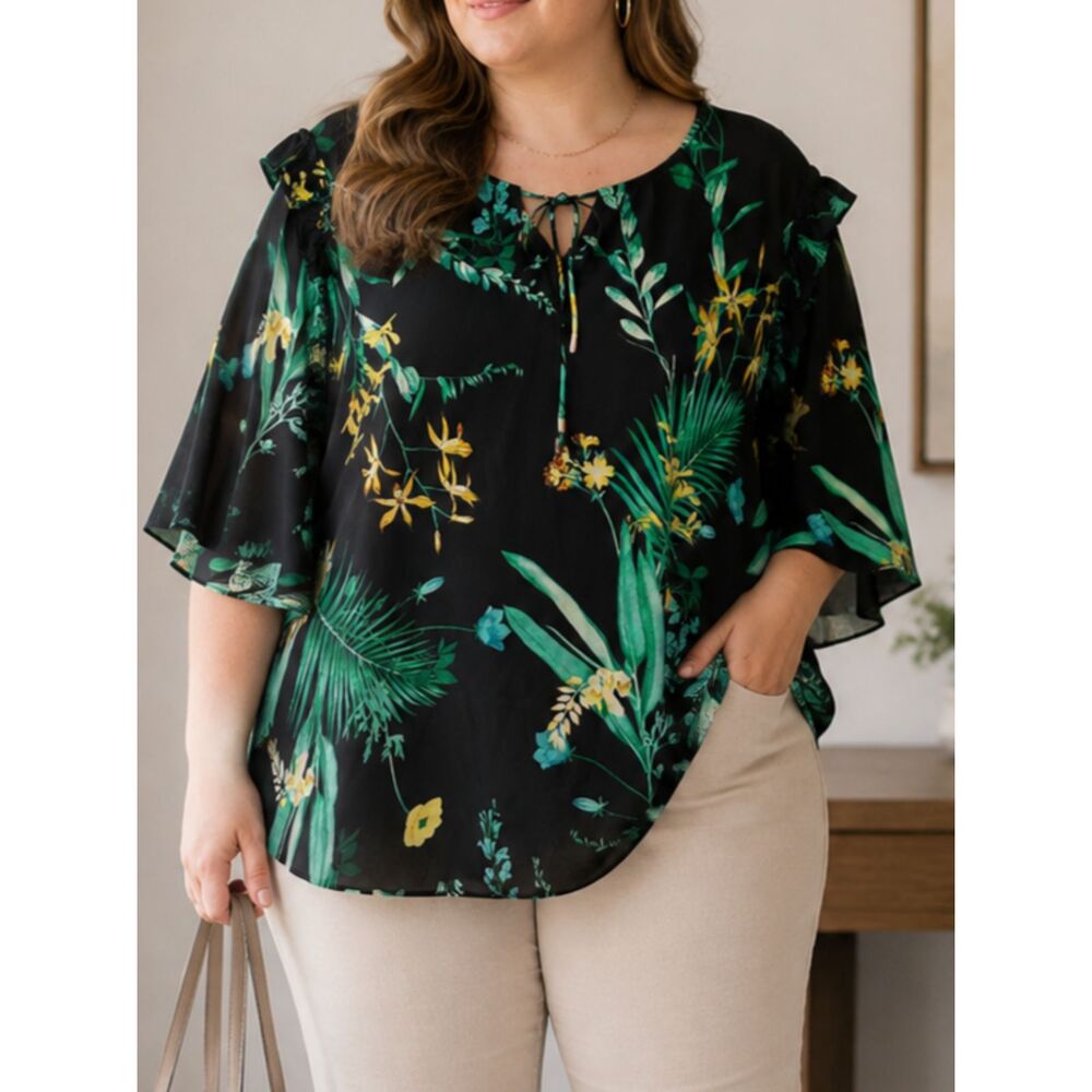 Worthington XXL Black Tropical Floral Ruffle Bell Sleeve Boho Blouse Top